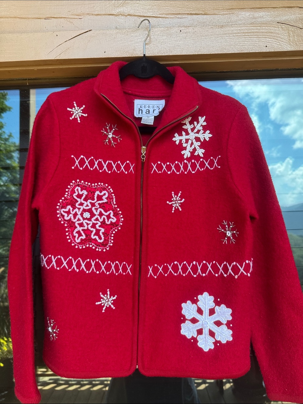 KEREN hart Red Kids Zip-Up Snowflake Wool Christmas Sweater Jacket